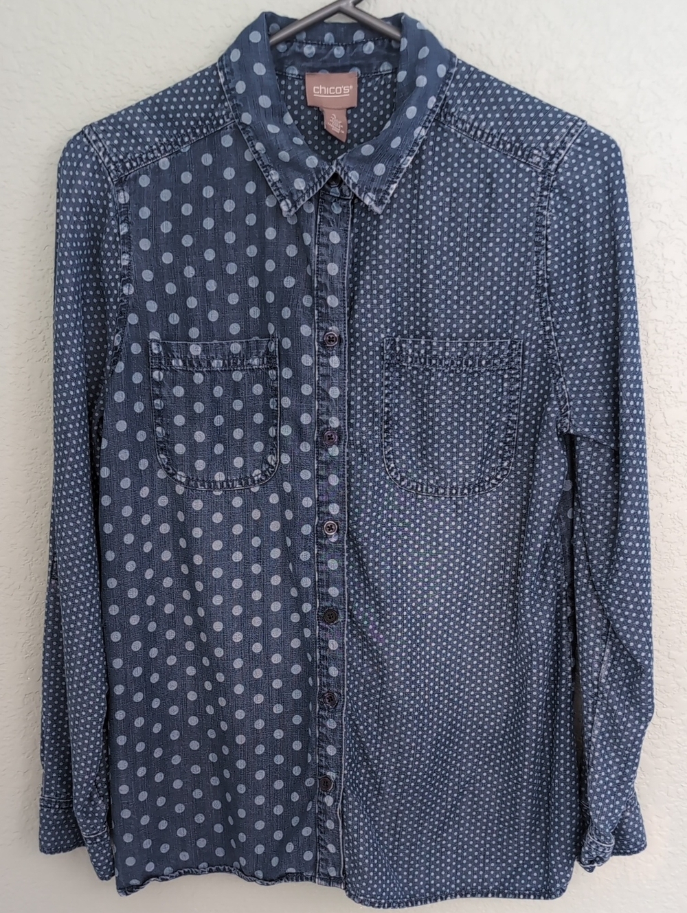 Chico's Polka Dot Mixed-Print Button-Down Denim Shirt